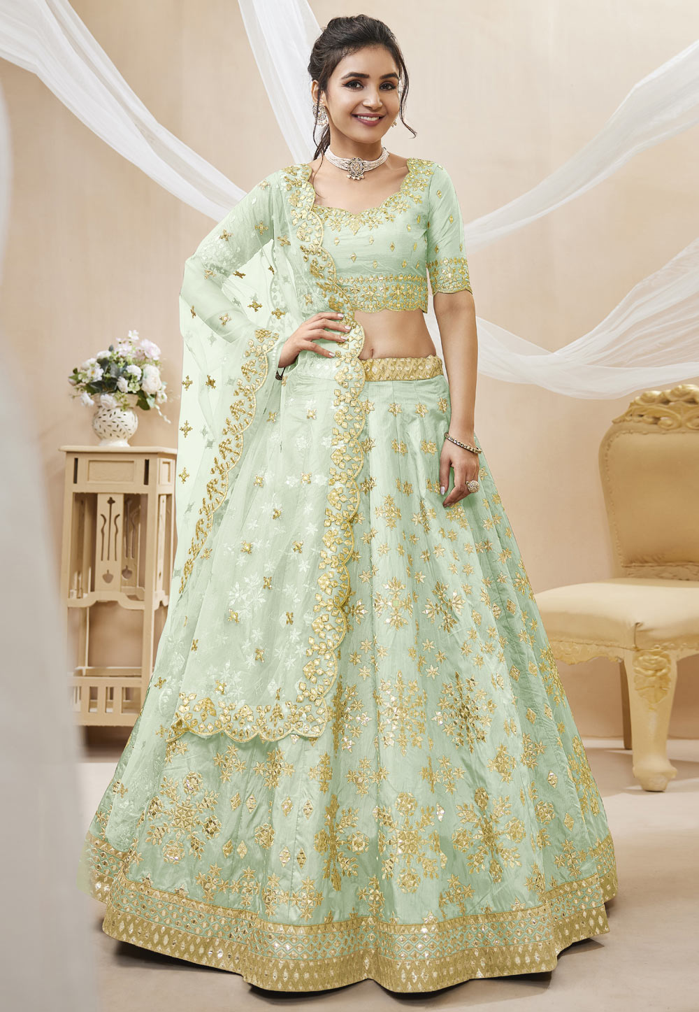 Sea Green Art Silk Circular Lehenga Choli 267709