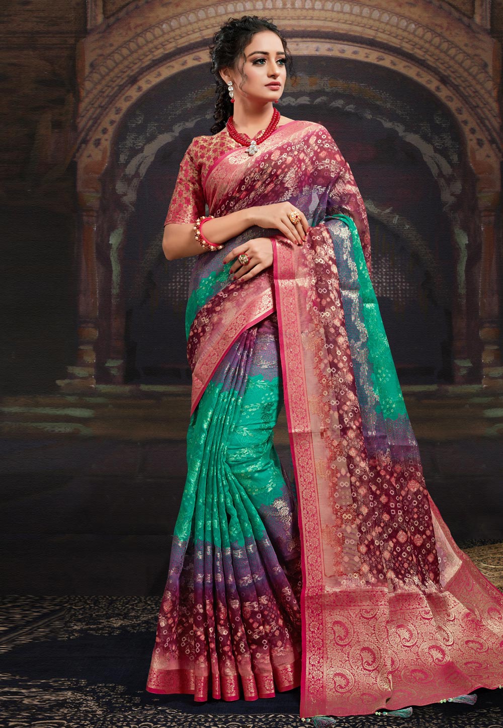 Wine Chanderi Jacquard Printed Saree With Blouse 227314