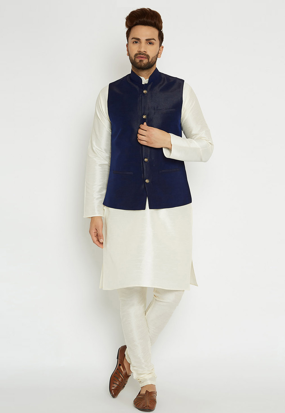 Off White Dupion Silk Kurta Pajama With Jacket 244505