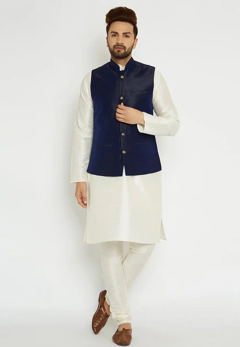 Off White Dupion Silk Kurta Pajama With Jacket 244505