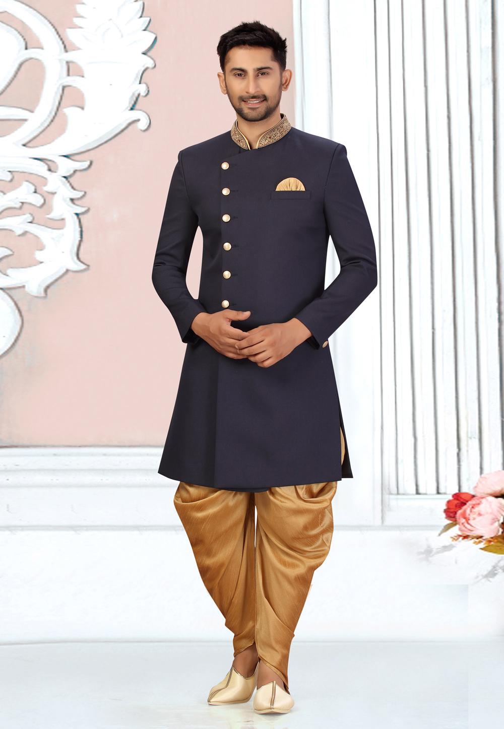Navy Blue Viscose Indo Western Suit 231317