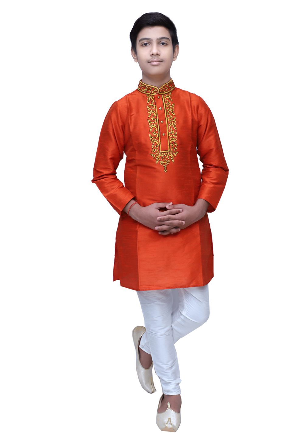 Orange Dupion Silk Readymade Kids Kurta Pajama 211349