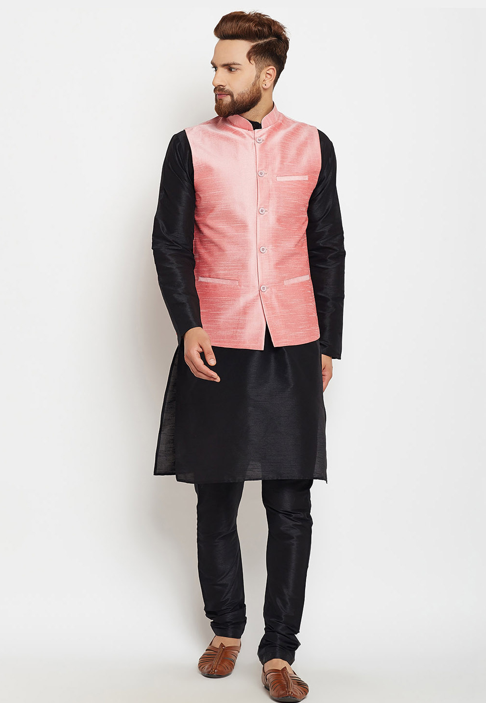 Black Dupion Silk Kurta Pajama With Jacket 244506