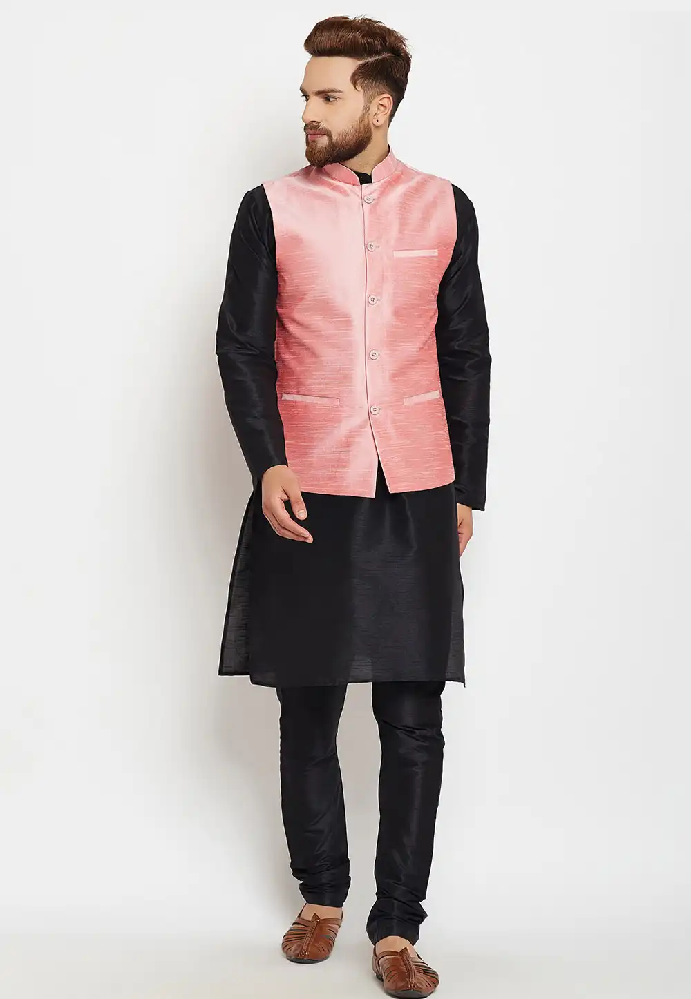 Black Dupion Silk Kurta Pajama With Jacket 244506