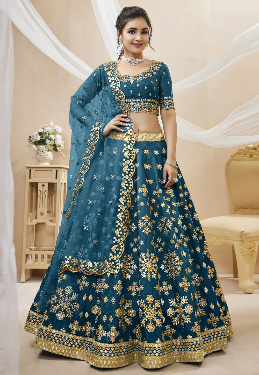 Teal Art Silk Circular Lehenga Choli 267711
