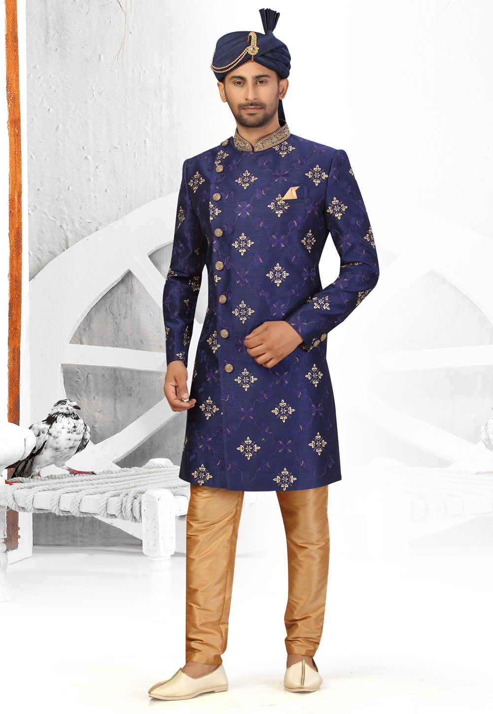 Navy Blue Art Silk Indo Western Suit 231320