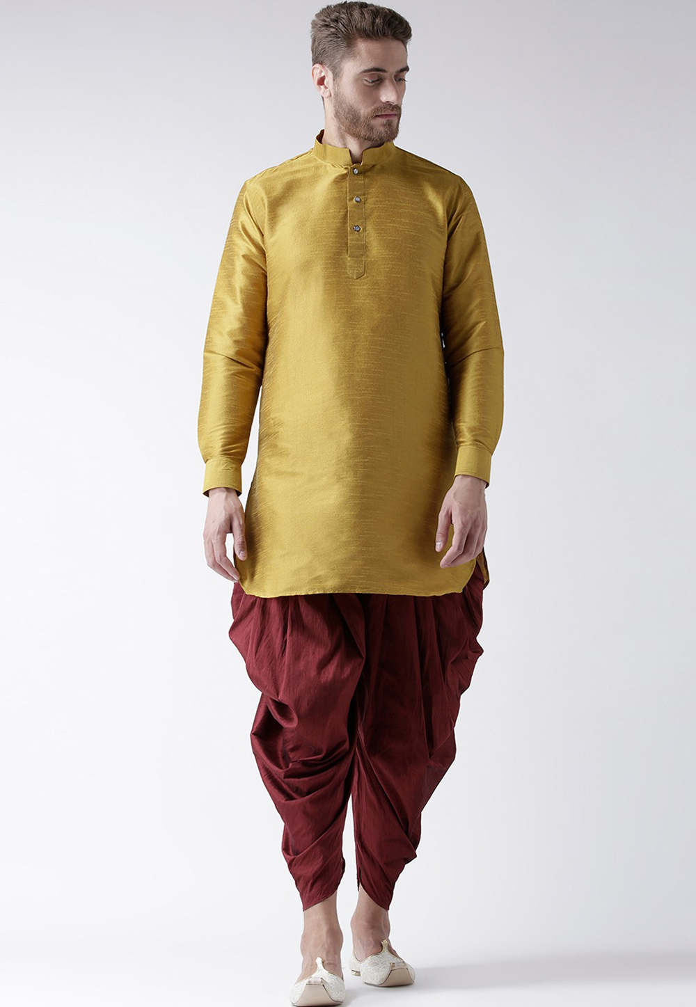 Mustard Art Silk Dhoti Kurta 234984