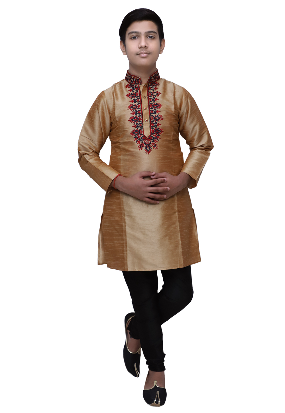 Golden Dupion Silk Readymade Kids Kurta Pajama 211352