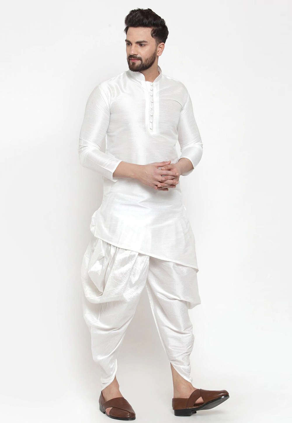White Dupion Silk Dhoti Kurta 244471