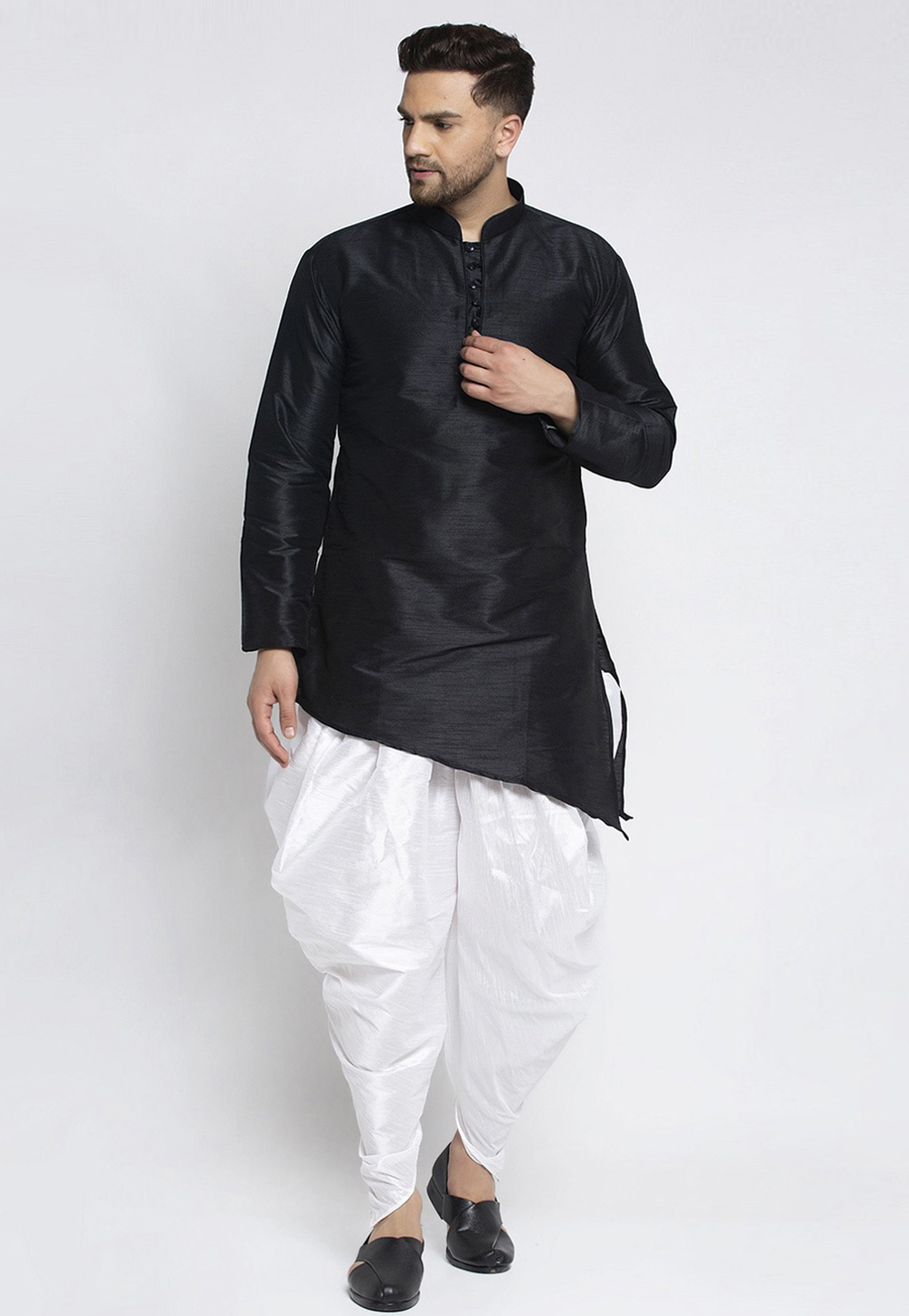 Black Dupion Silk Dhoti Kurta 244472