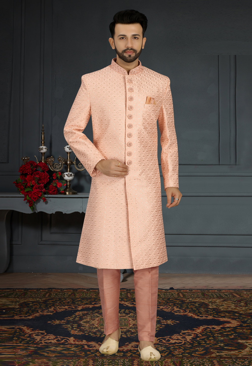 Peach Jacquard Silk Pakistani Sherwani 241283
