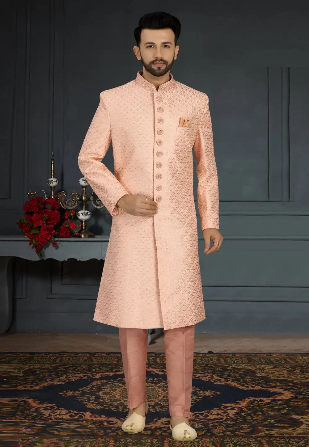 Peach Jacquard Silk Pakistani Sherwani 241283