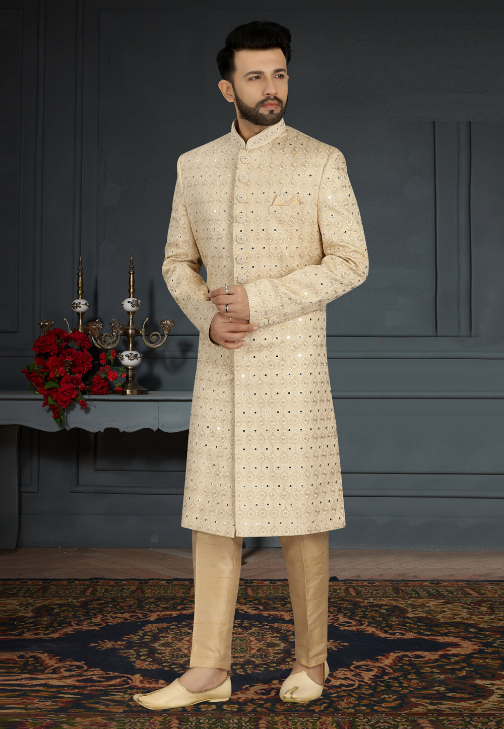 Beige Jacquard Silk Pakistani Sherwani 241284