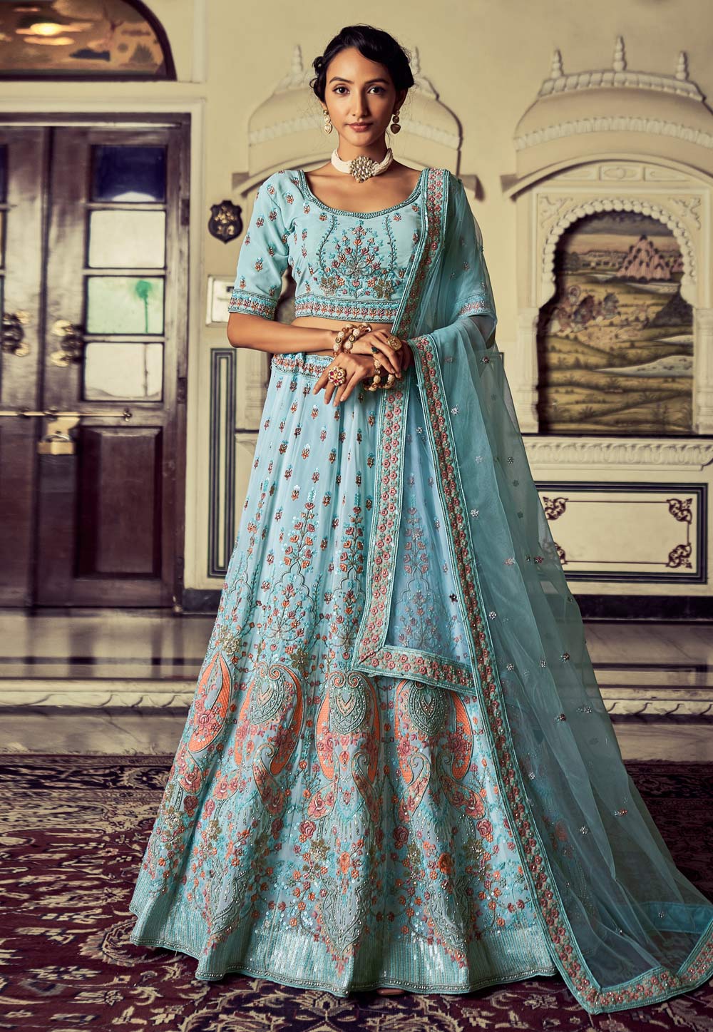 Sky Blue Georgette Circular Lehenga Choli 263716