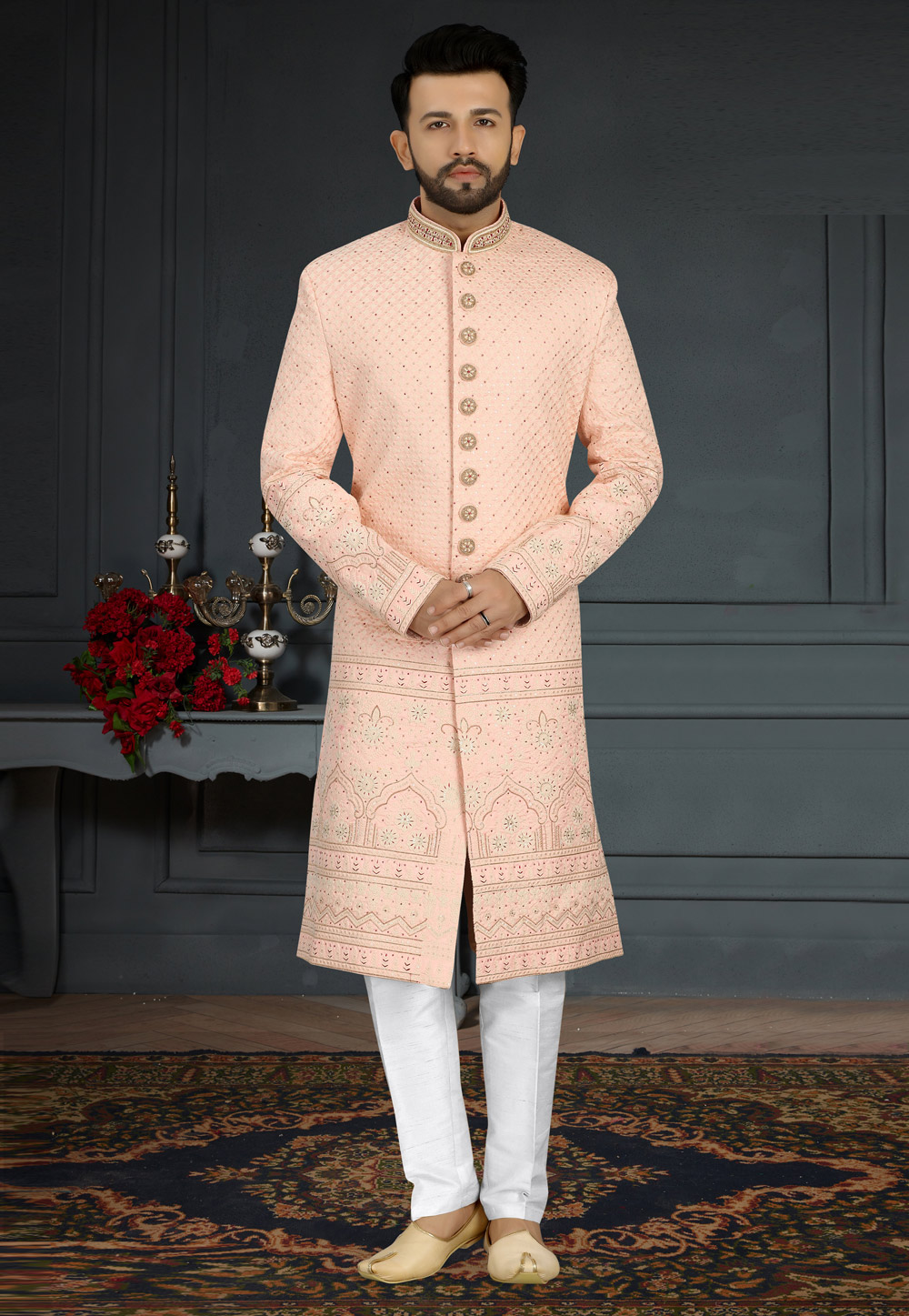 Peach Jacquard Silk Pakistani Sherwani 241286