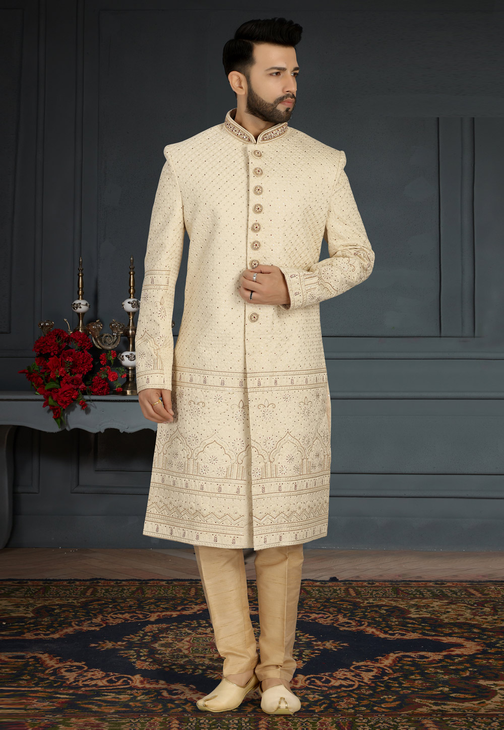 Cream Jacquard Silk Pakistani Sherwani 241288