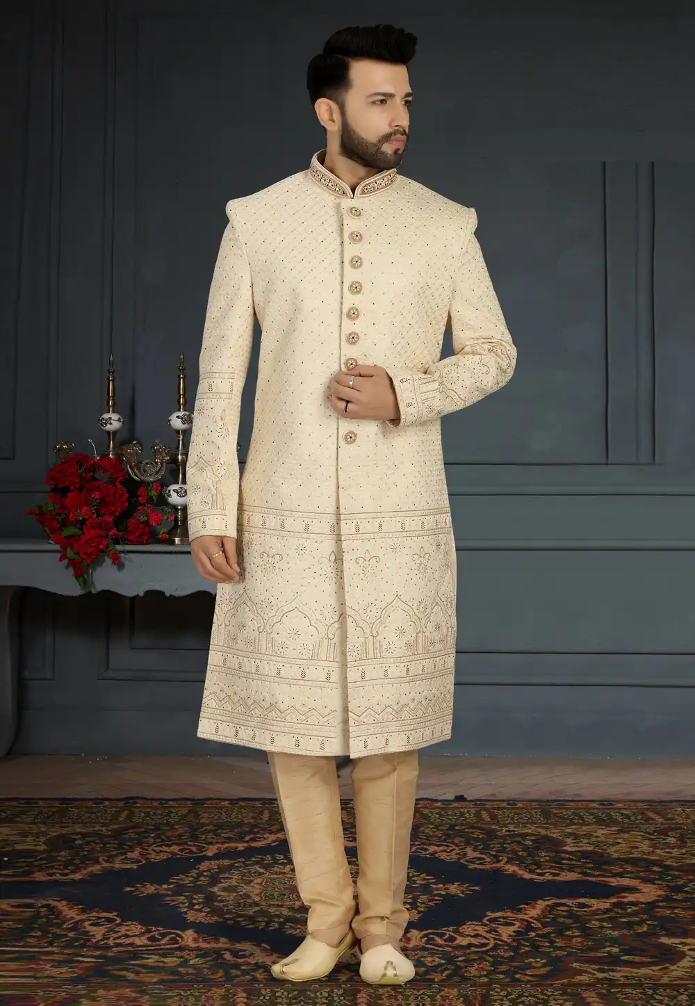 Cream Jacquard Silk Pakistani Sherwani 241288