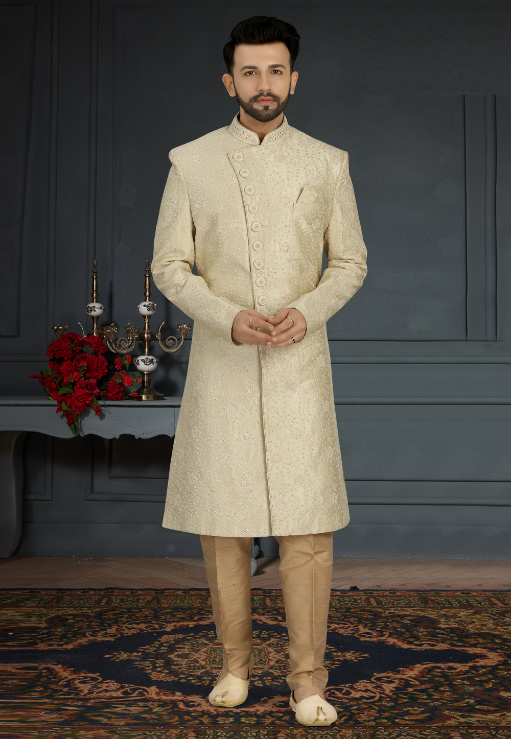 Beige Jacquard Silk Pakistani Sherwani 241289