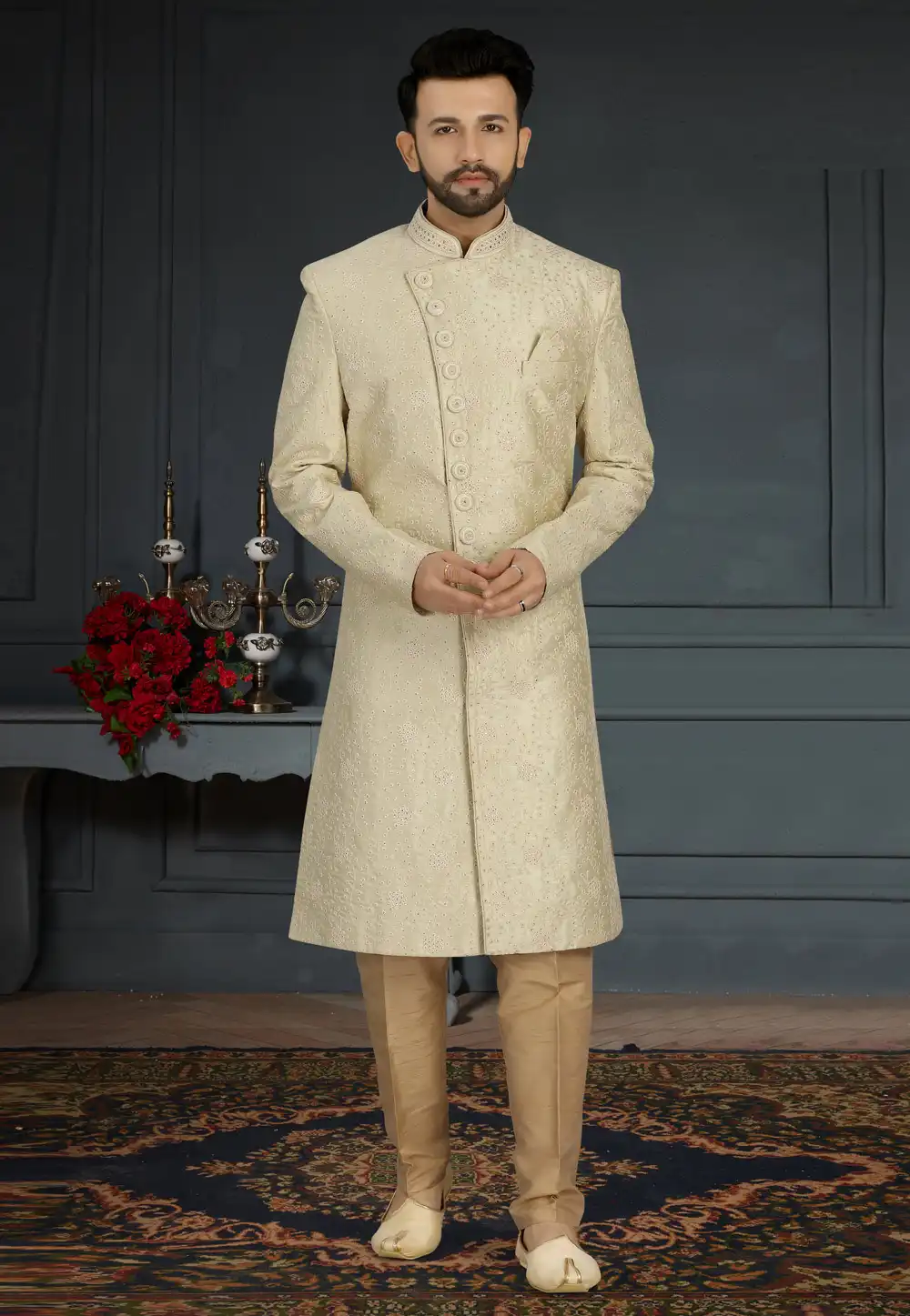 Beige Jacquard Silk Pakistani Sherwani 241289