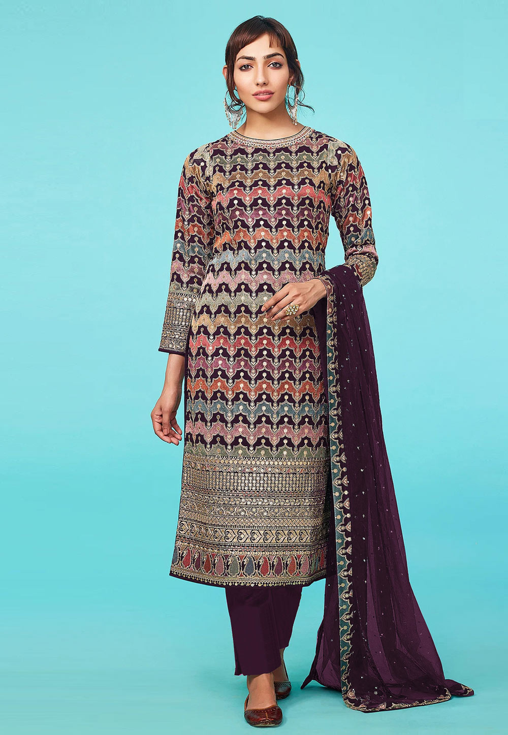 Purple Faux Georgette Embroidered Pant Style Suit 270291