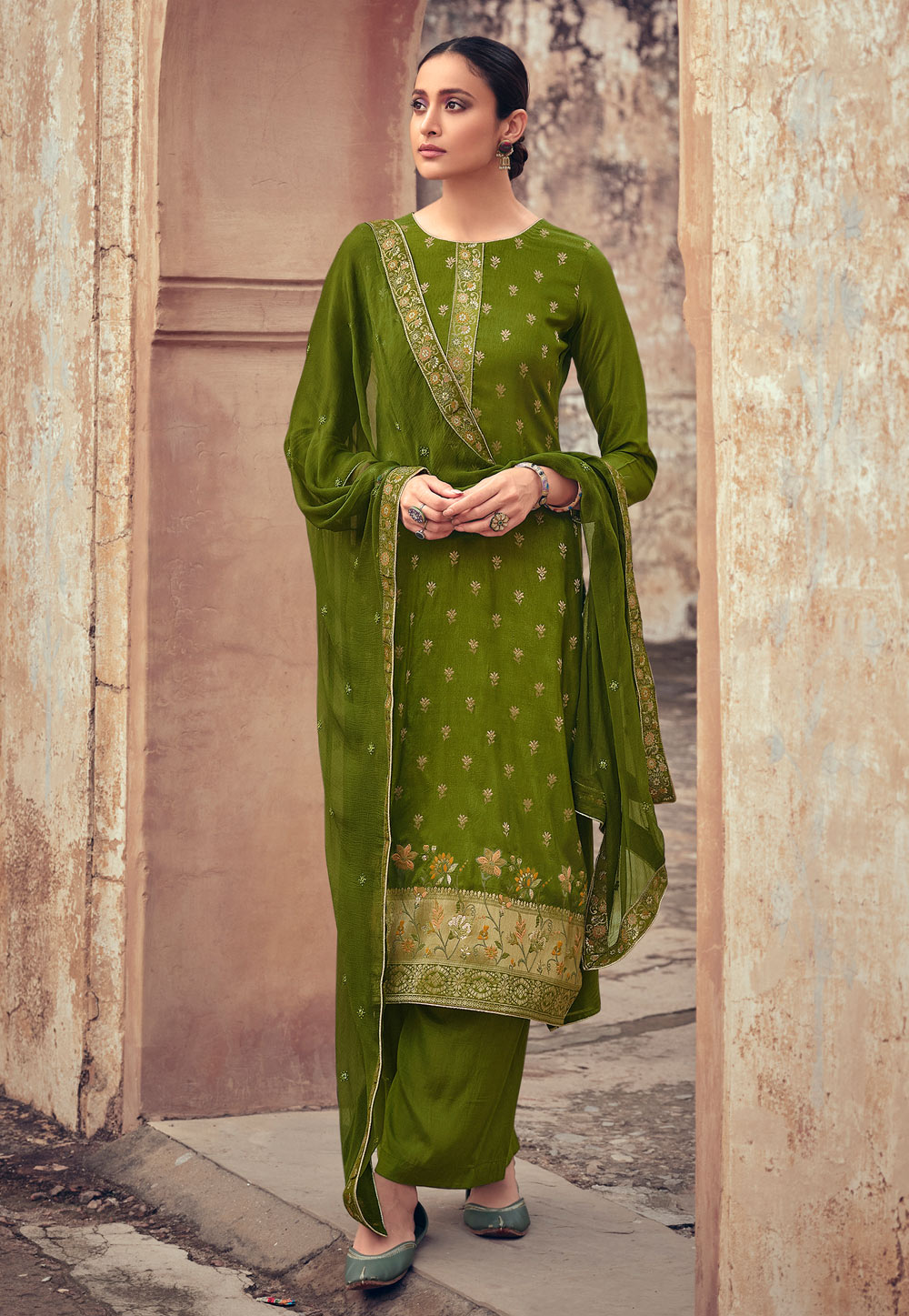 Green Silk Jacquard Kameez With Palazzo 235222