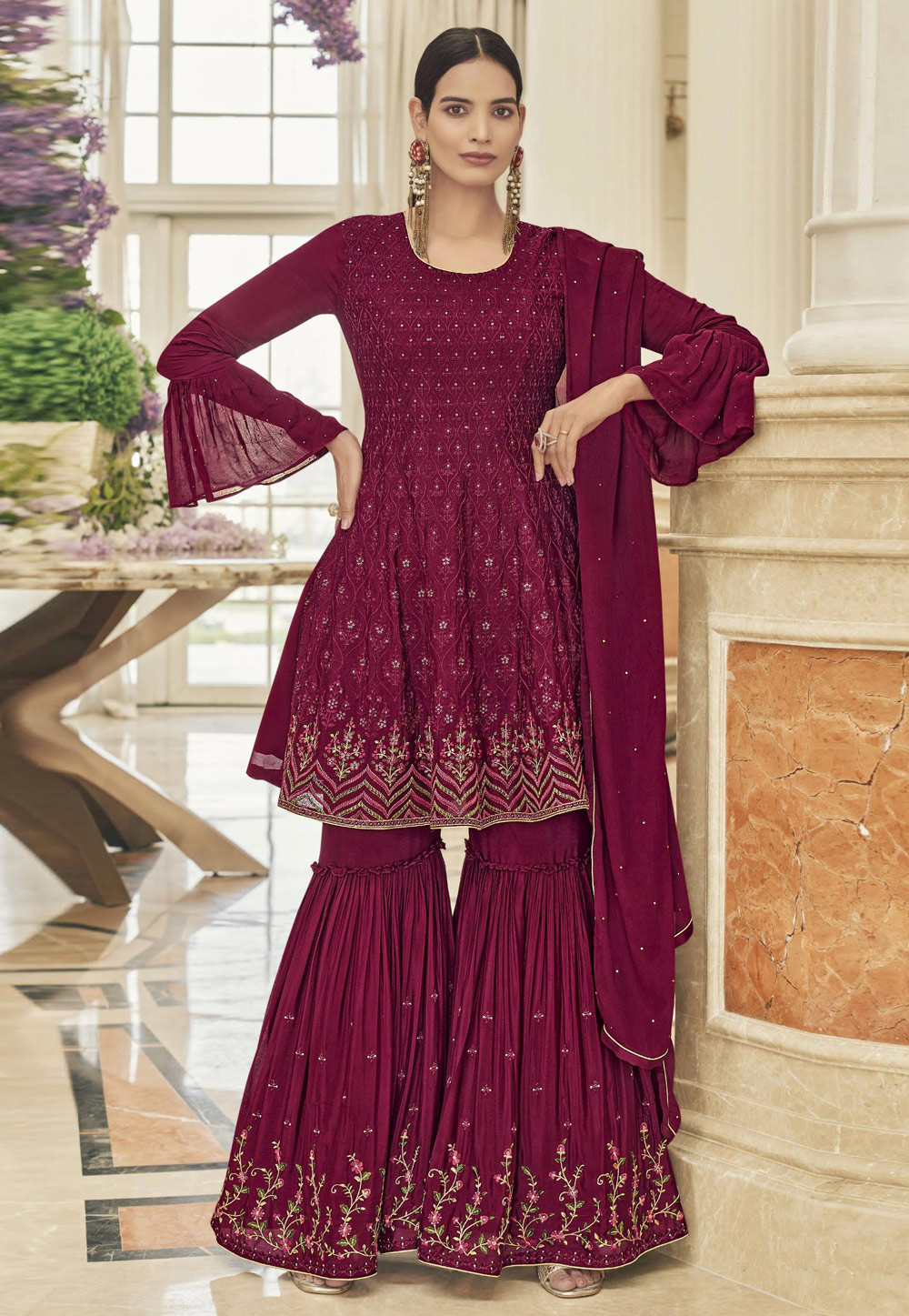 Magenta Chinon Silk Sharara Suit 259525
