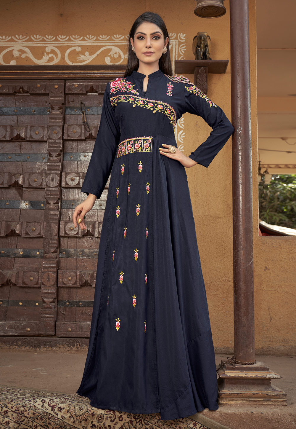 Navy Blue Muslin Designer Gown 272332