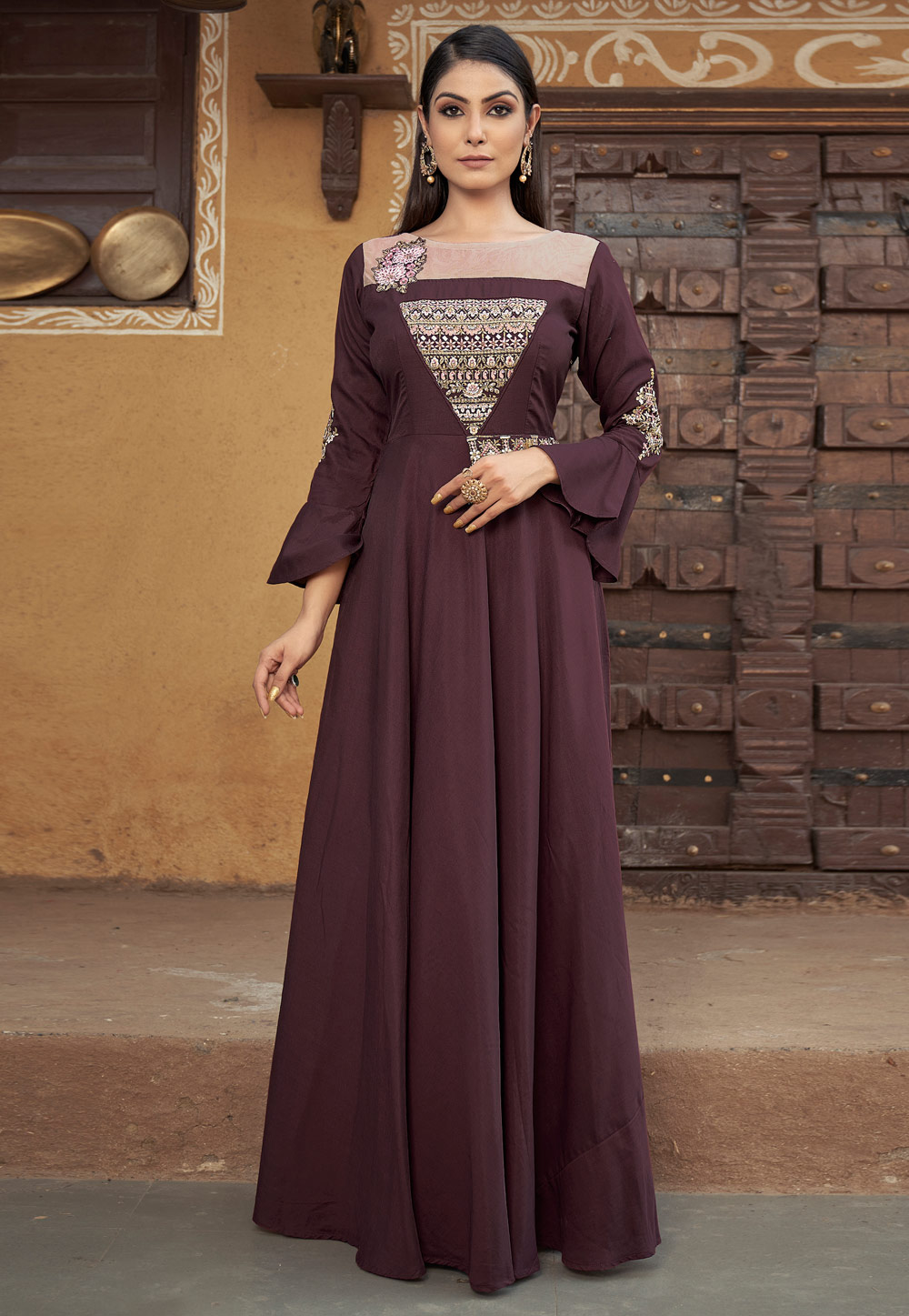 Wine Muslin Designer Gown 272334