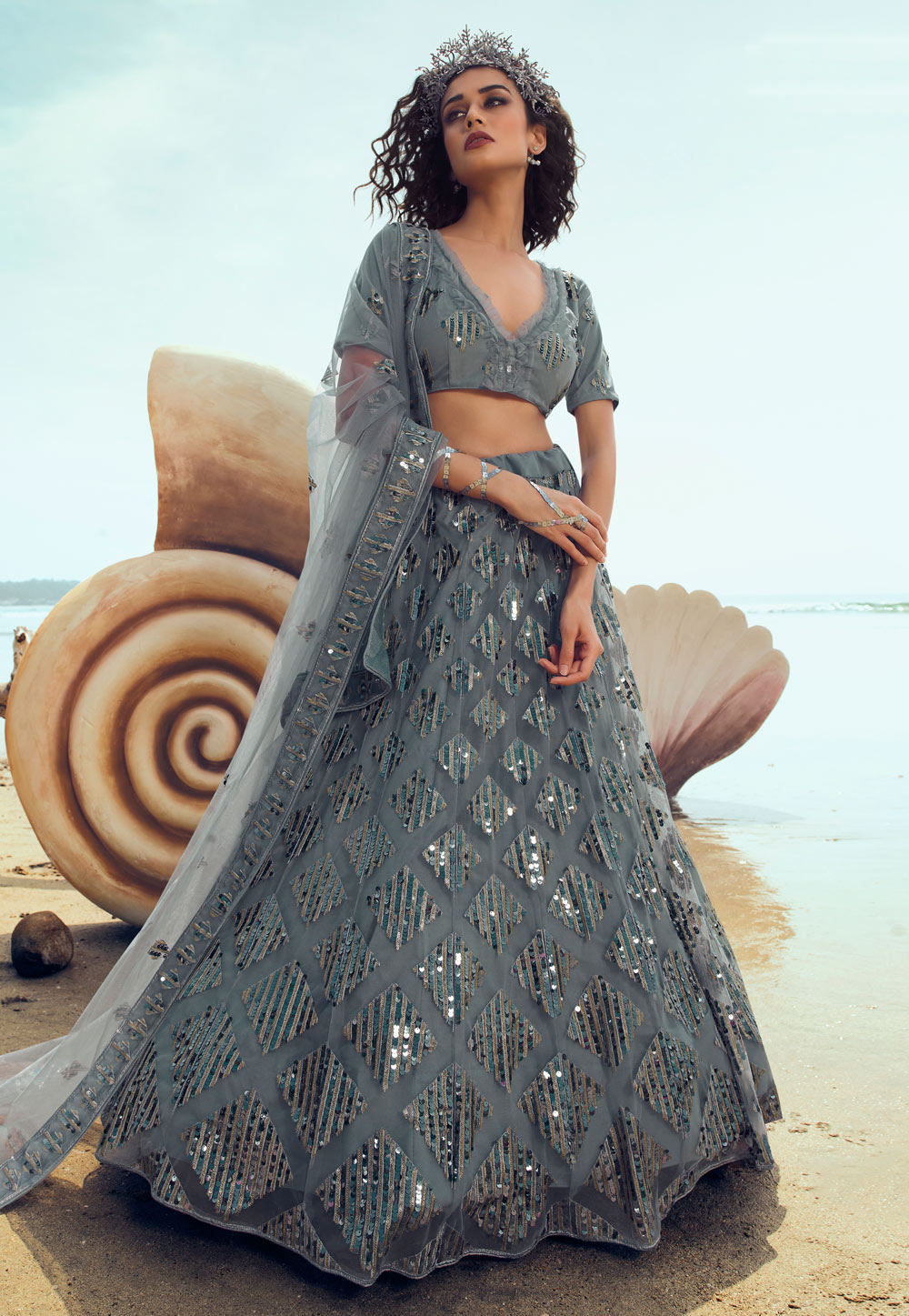 Grey Net Circular Lehenga Choli 213479