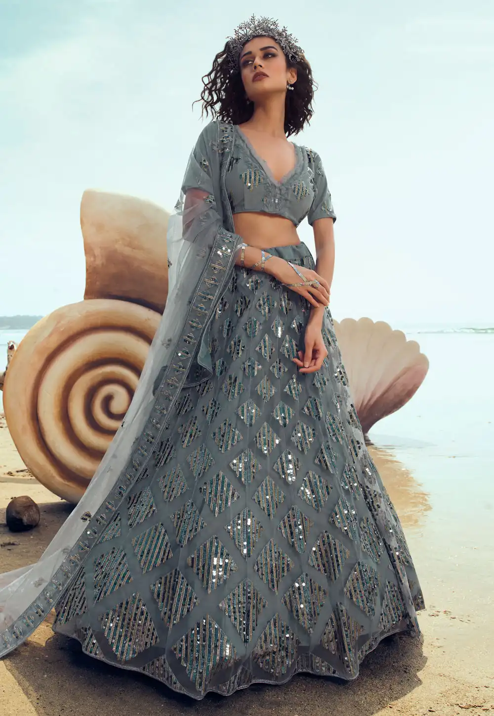 Grey Net Circular Lehenga Choli 213479
