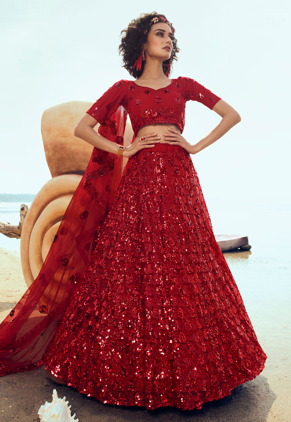 Red Net Circular Lehenga Choli 213481