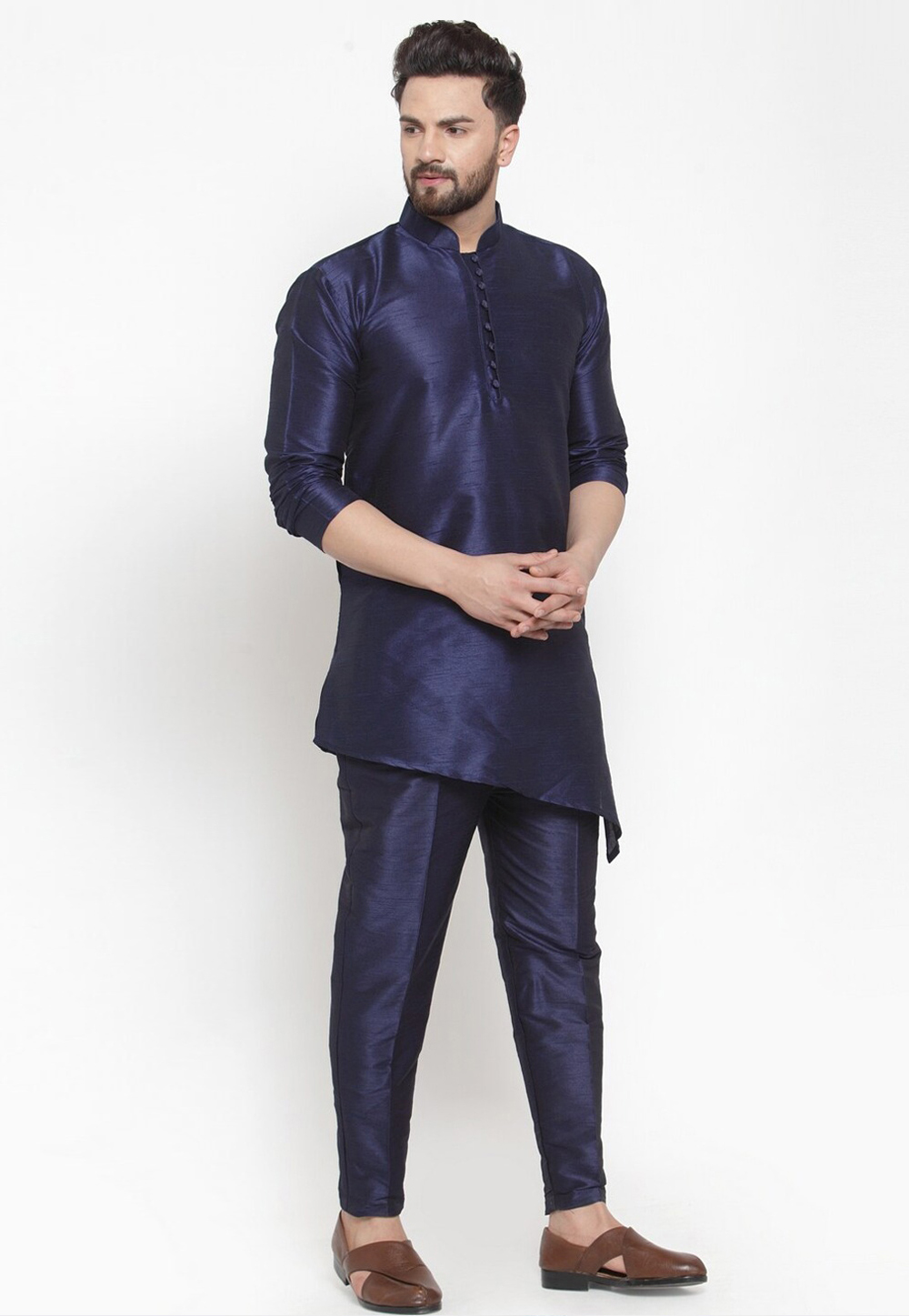 Navy Blue Dupion Silk Kurta Pajama 244473