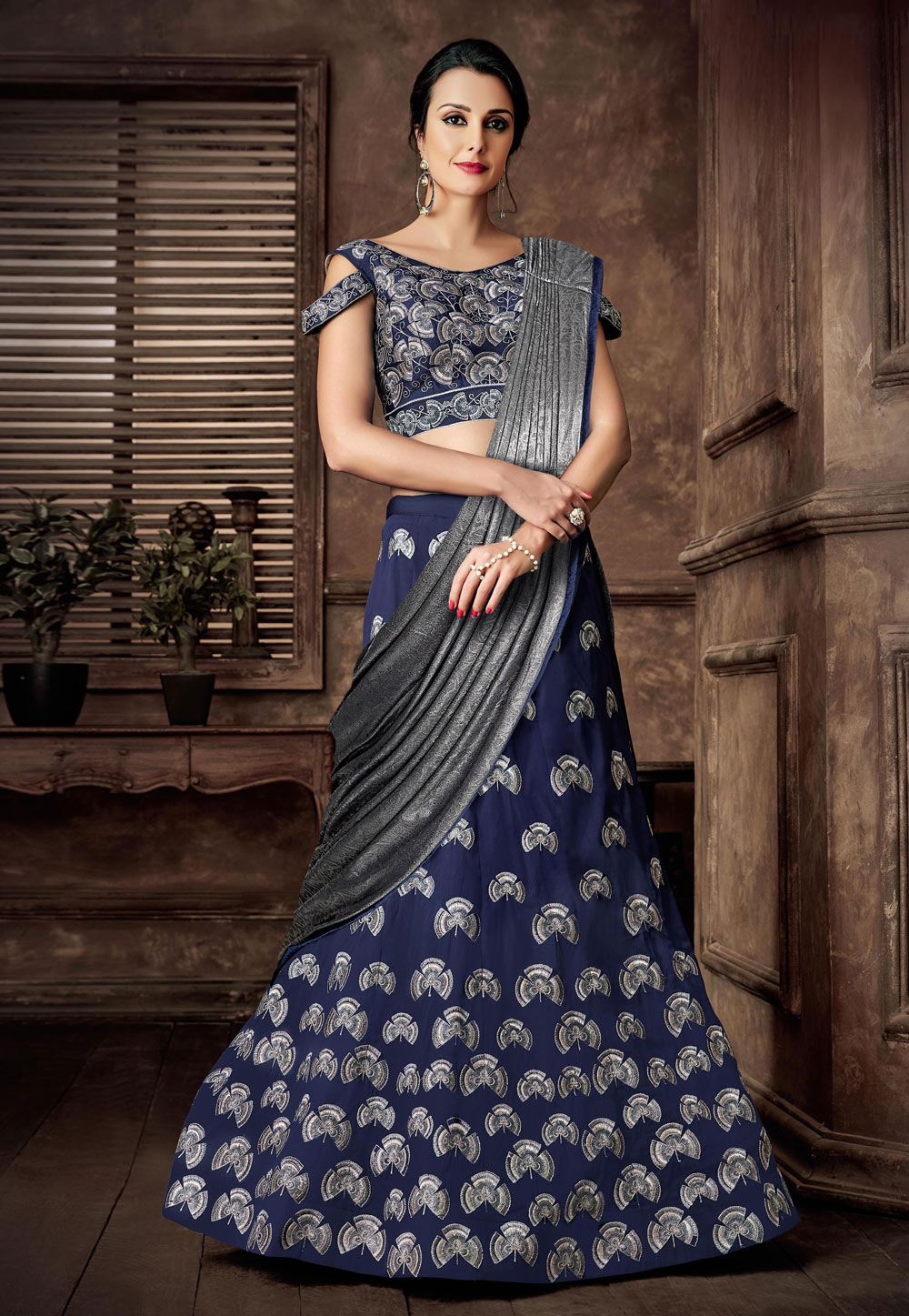 Navy Blue Taffeta Embroidered Lehenga Choli 161067