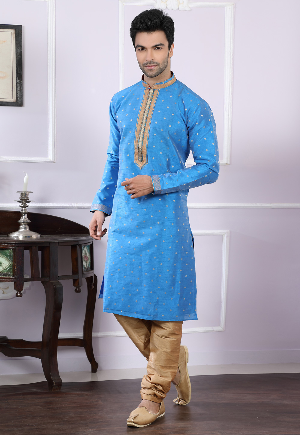 Blue Chanderi Readymade Kurta Pajama 166443
