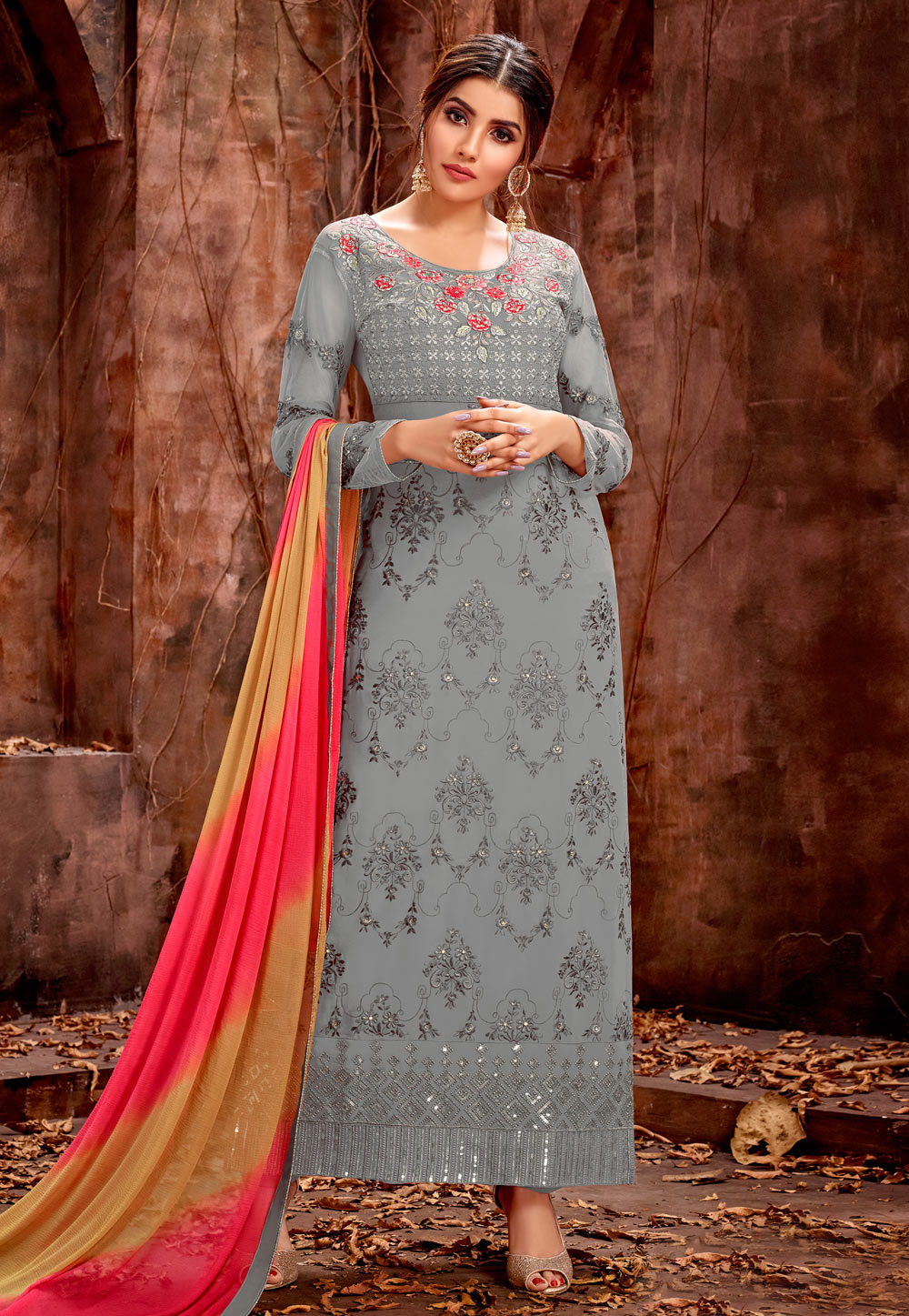 Grey Georgette Embroidered Straight Cut Suit 181377
