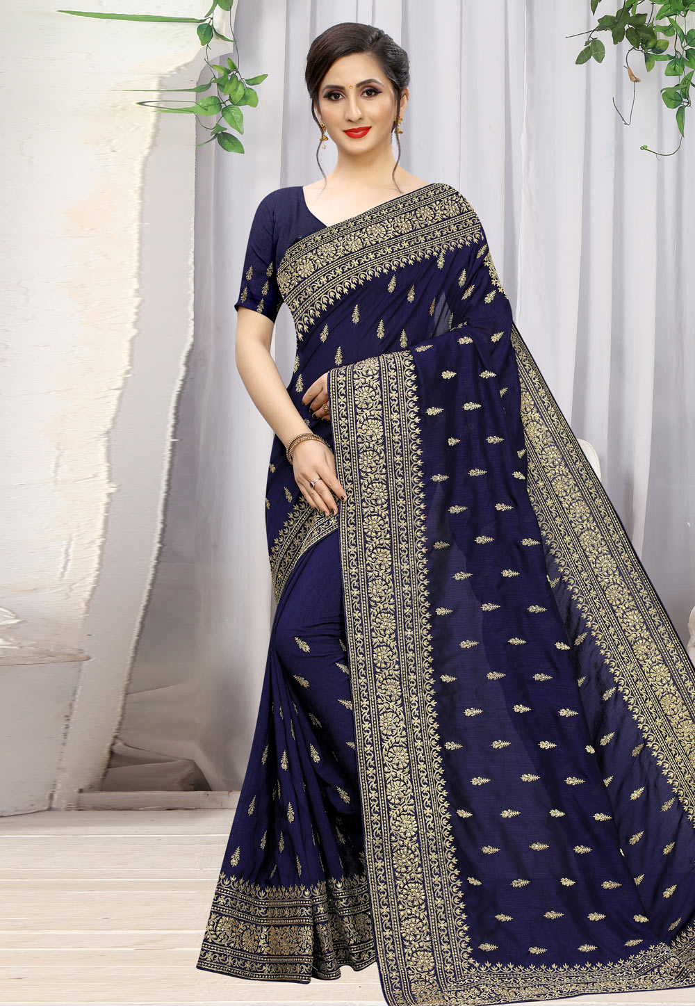 Navy Blue Silk Festival Wear Saree 198571