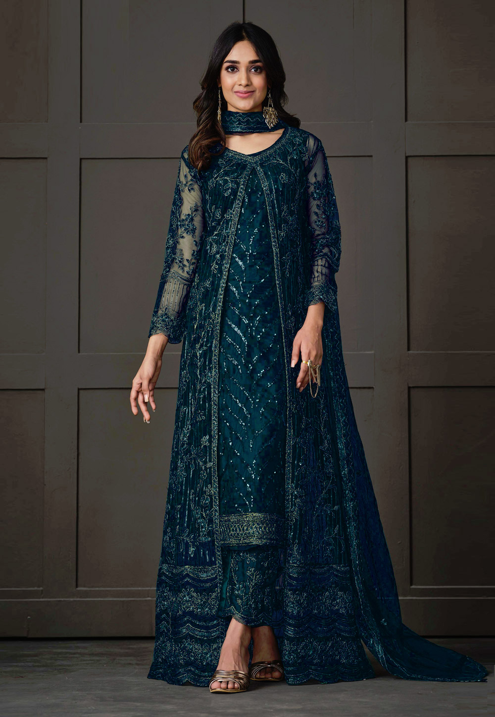 Teal Net Embroidered Pant Style Suit 266842