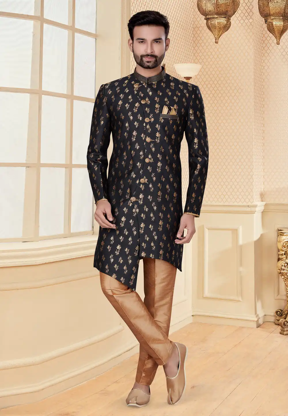 Black Jacquard Indo Western Suit 251204