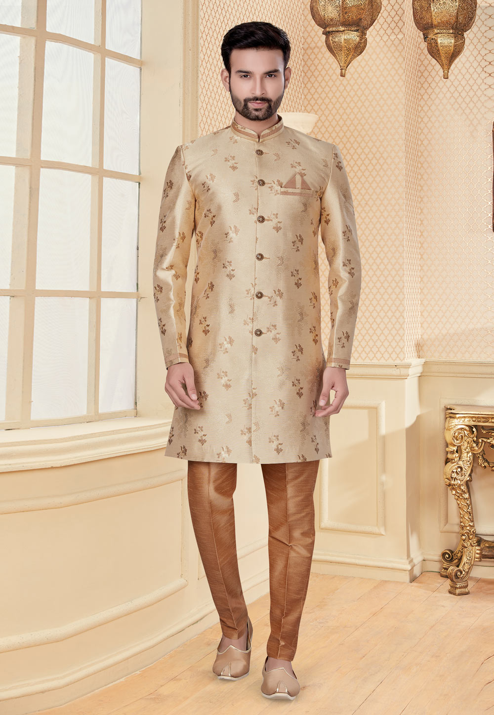 Beige Jacquard Indo Western Suit 251205