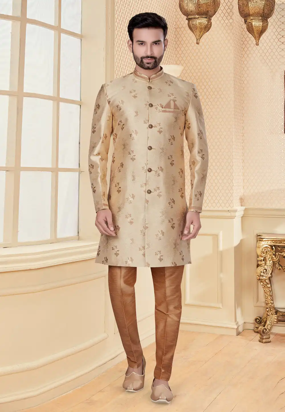 Beige Jacquard Indo Western Suit 251205