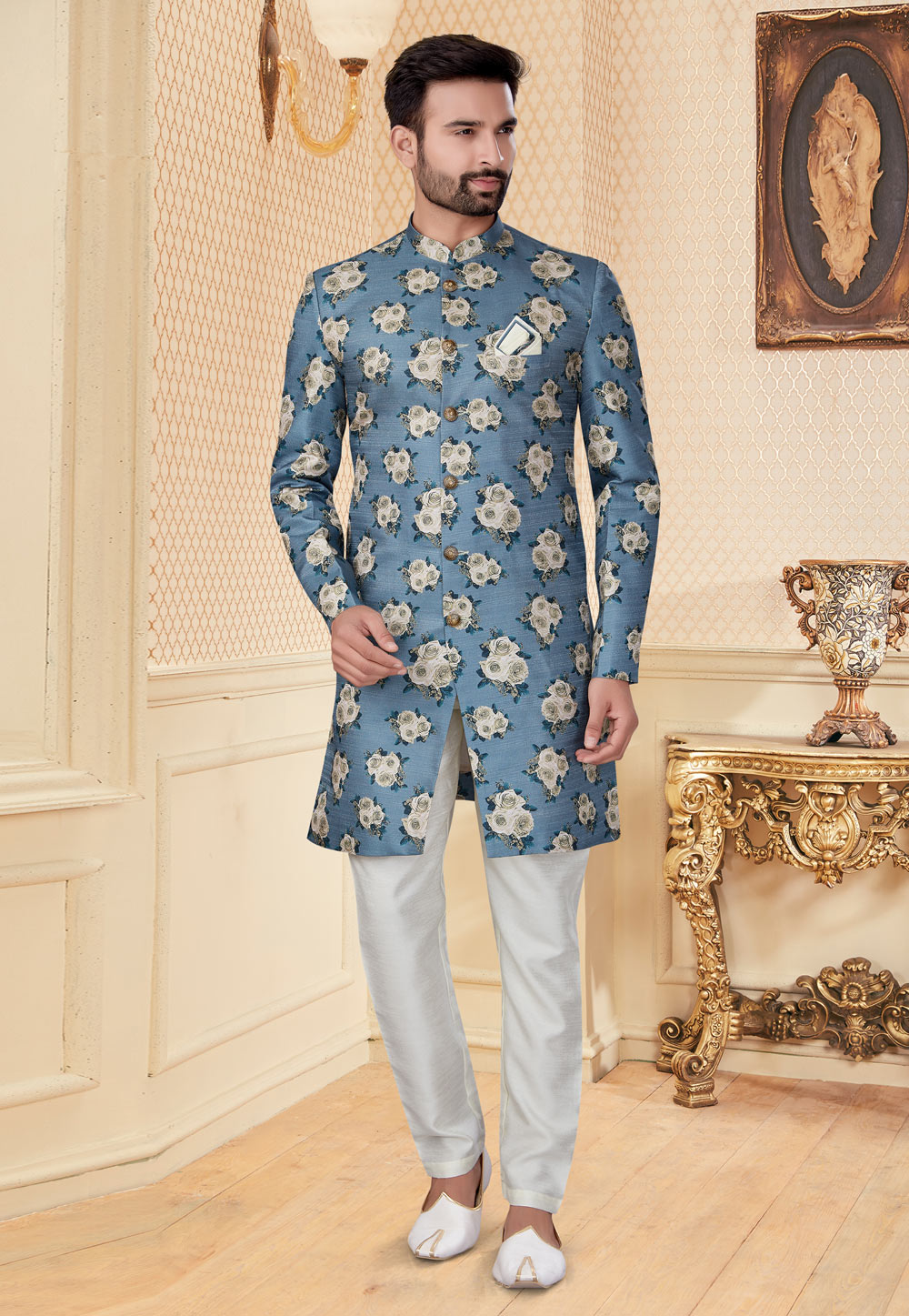 Light Blue Jacquard Indo Western Suit 251209