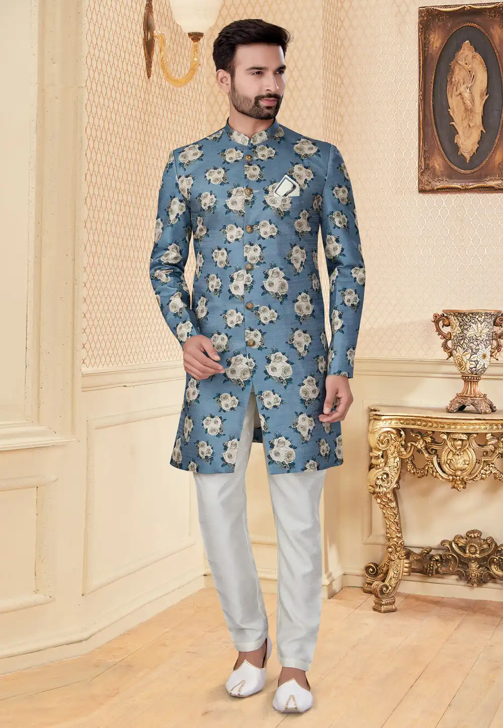 Light Blue Jacquard Indo Western Suit 251209