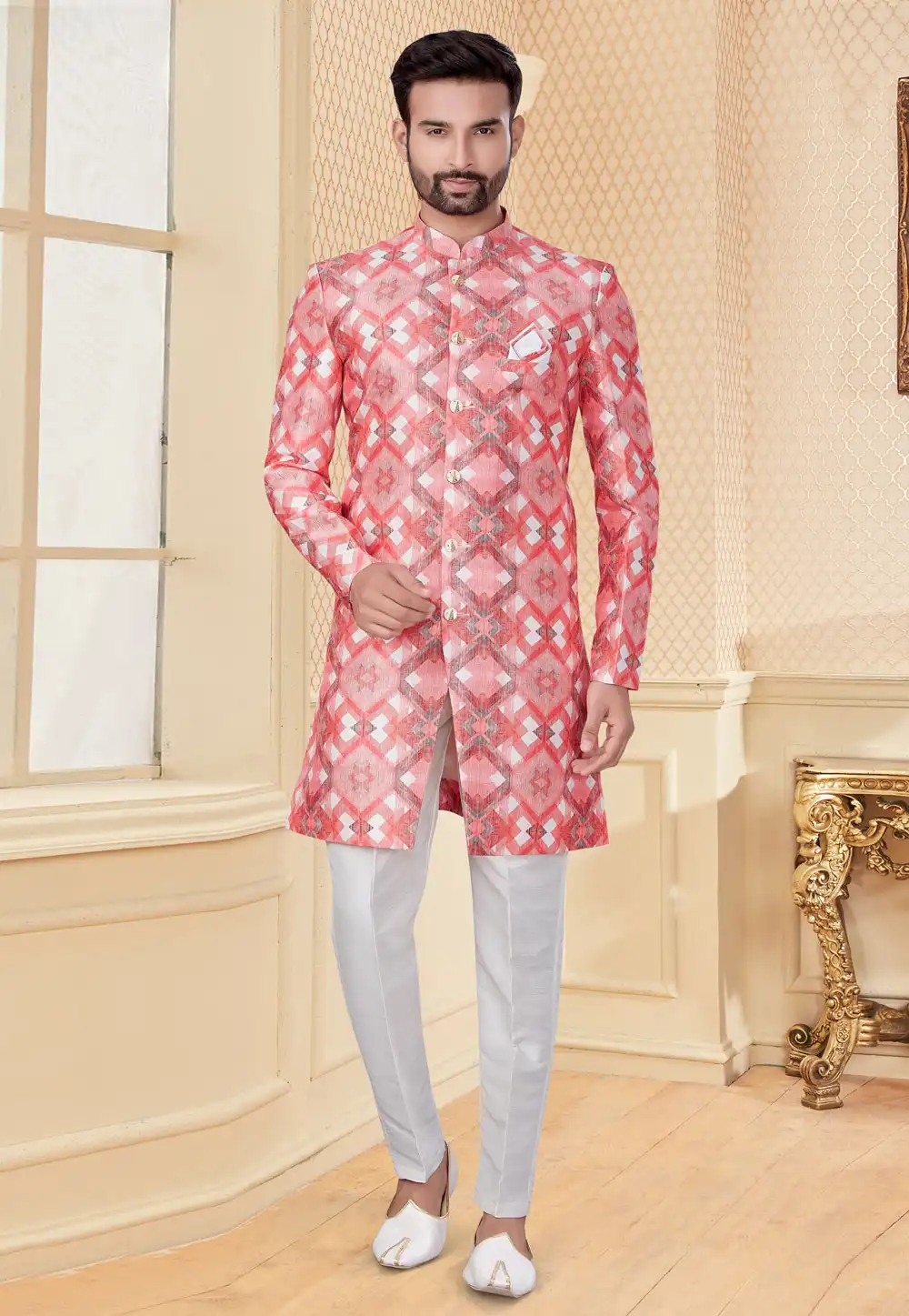 Pink Jacquard Indo Western Suit 251211