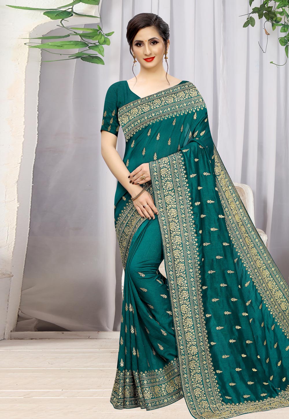 Teal Green Silk Festival Wear Saree 198573