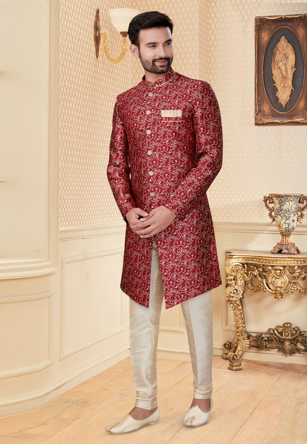Maroon Jacquard Indo Western Suit 251212