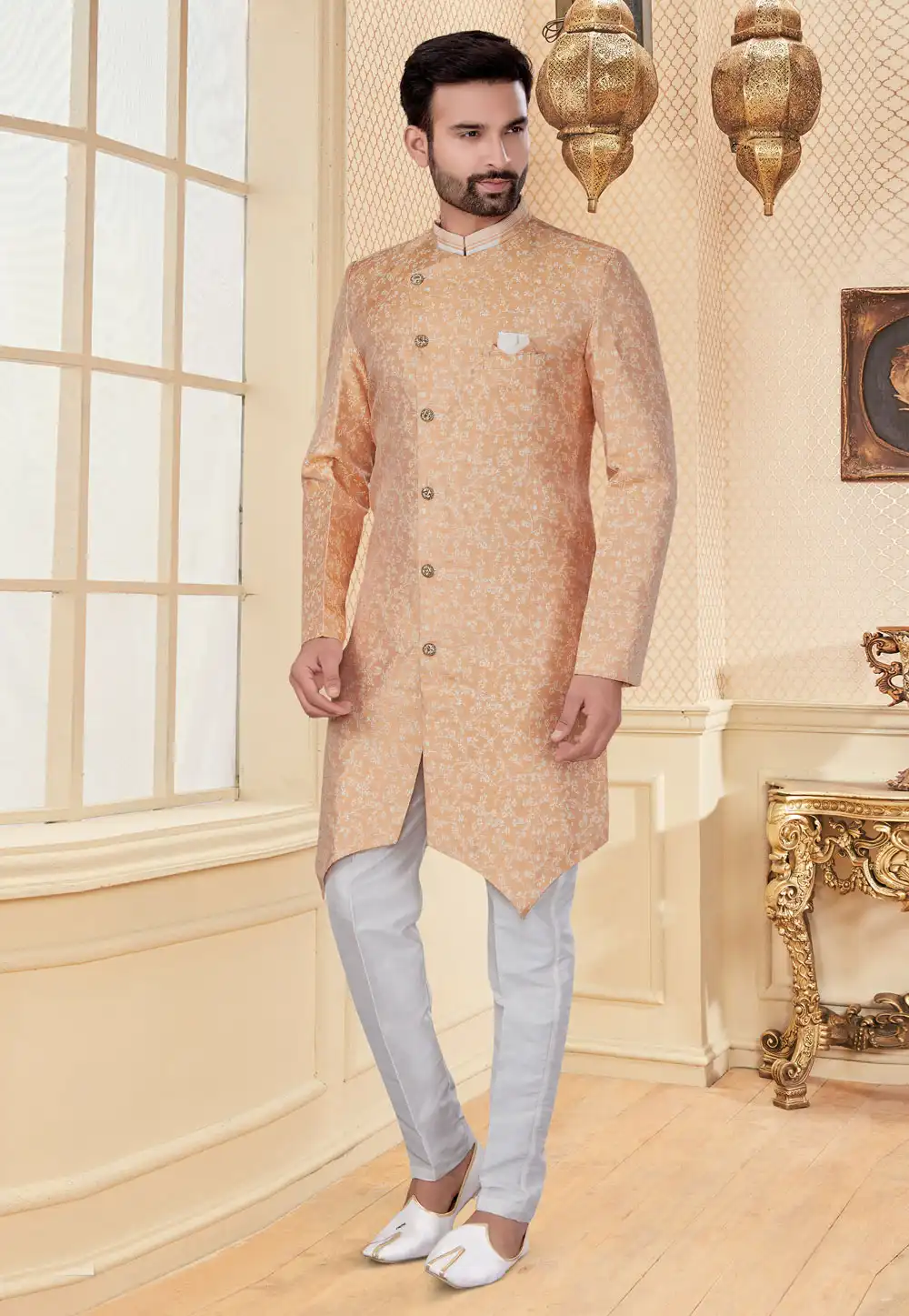 Peach Jacquard Indo Western Suit 251213