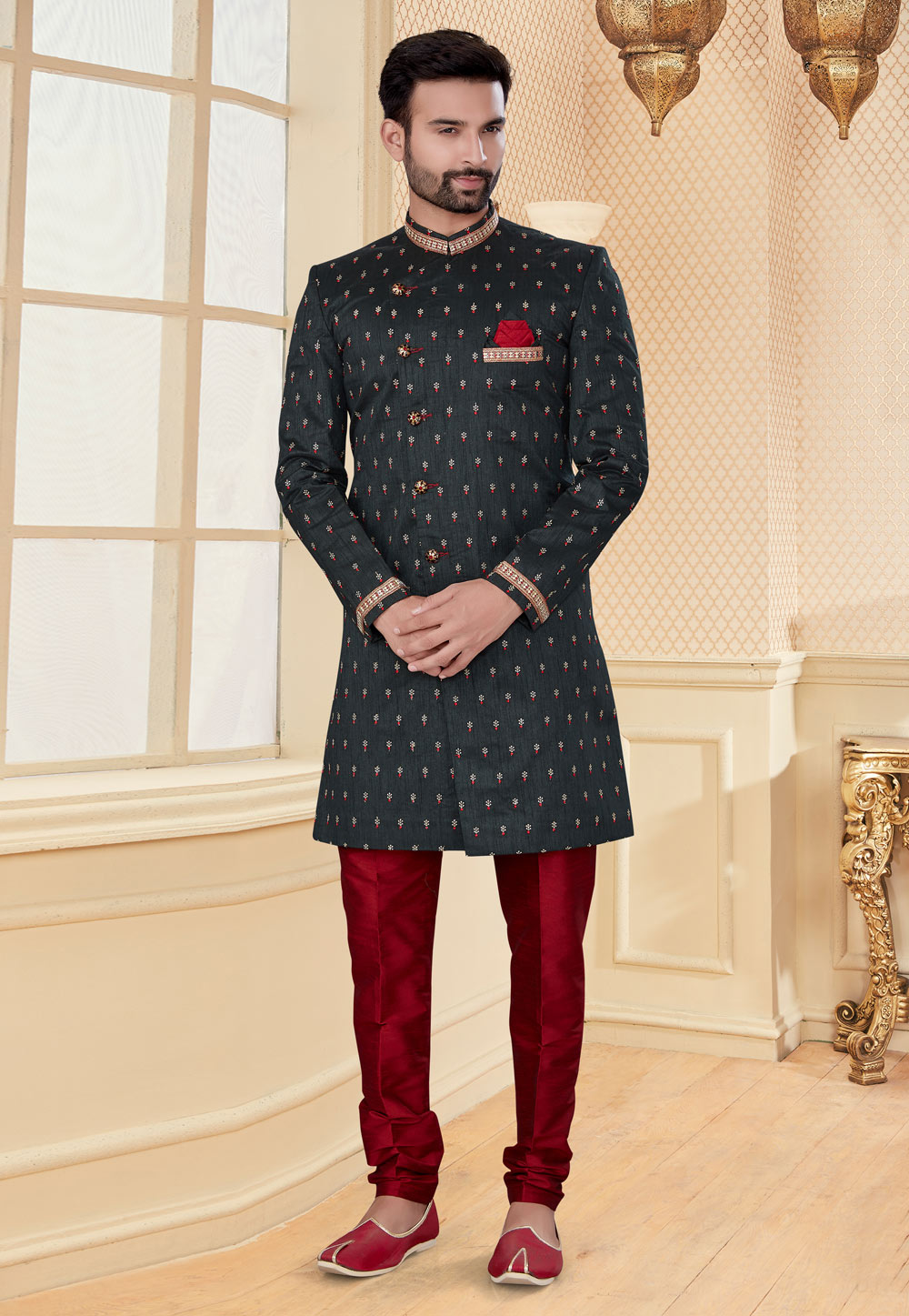 Black Jacquard Indo Western Suit 251215
