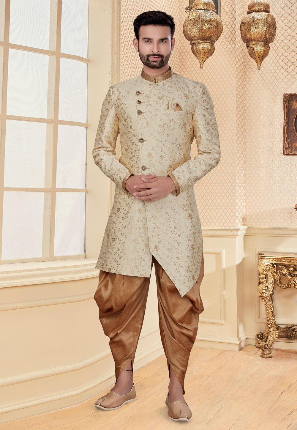 Beige Jacquard Indo Western Suit 251217