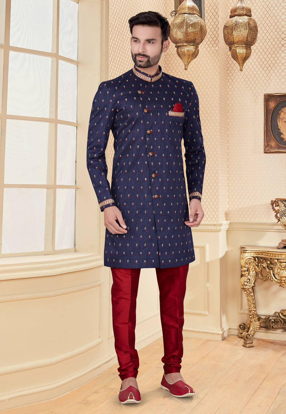 Navy Blue Jacquard Indo Western Suit 251218