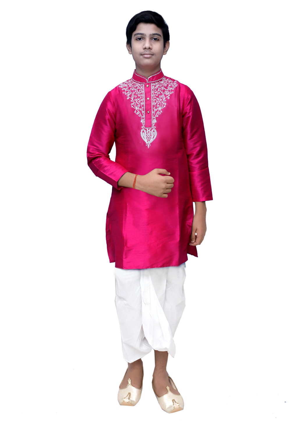 Magenta Dupion Silk Readymade Kids Dhoti Kurta 211359